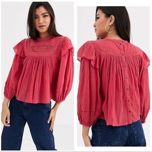 Free People Laura Western Balloon Sleeve Lace Blouse